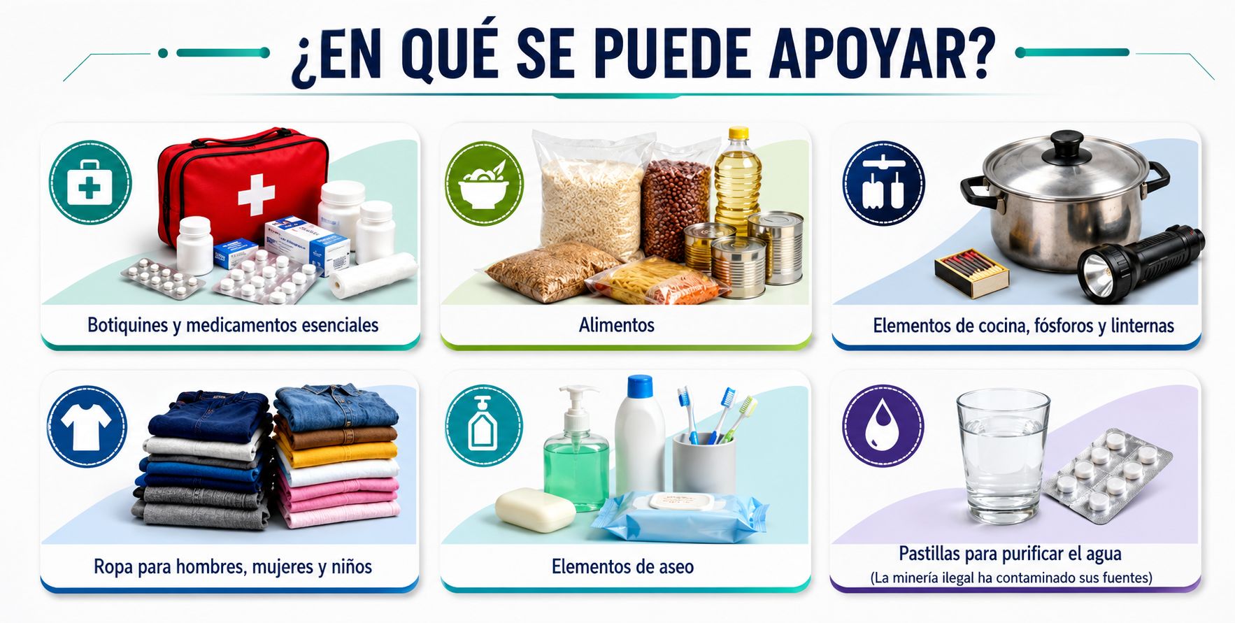 Botiquines y medicamentos, alimentos, elementos de cocina, ropa, elementos de aseo y pastillas para purificar el agua
