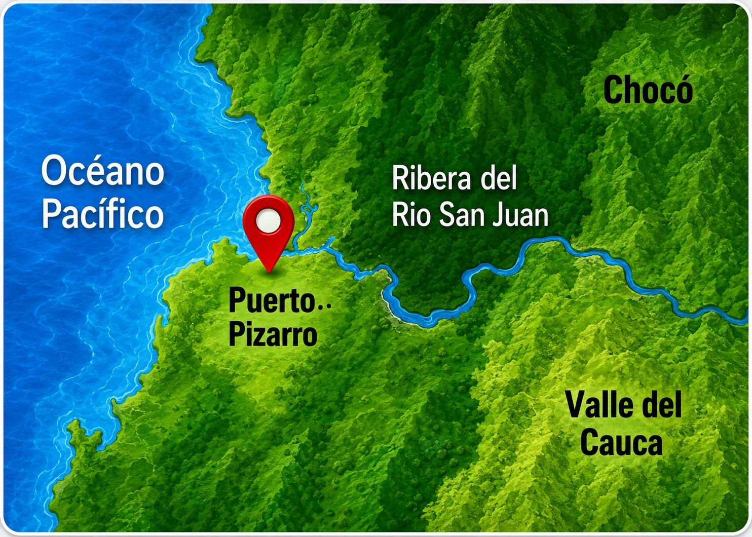 Mapa de la zona afectada: Puerto Pizarro, ribera del Río San Juan, entre el Chocó y el Valle del Cauca, sobre el Océano Pacífico